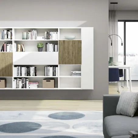 Libreria sospesa Living 845 in laccato Bianco e melaminico Rovere nodato di Spagnol Mobili