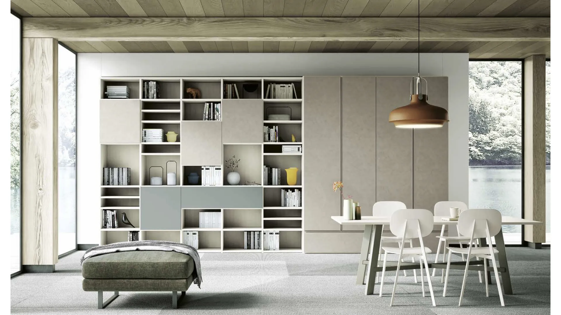 Libreria a muro Living 858 in materico Touch Sabbia, melaminico Noce Sider e laccato opaco Giada di Spagnol Mobili