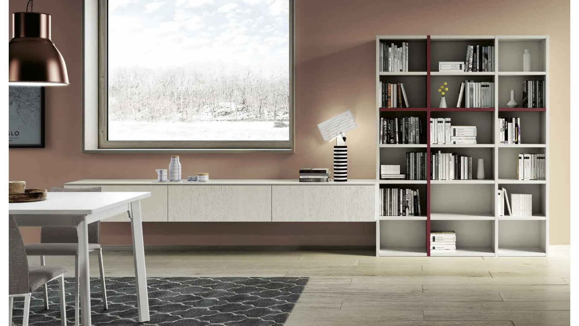 Libreria Living 861 in laccato opaco e gessato madreperla di Spagnol Mobili