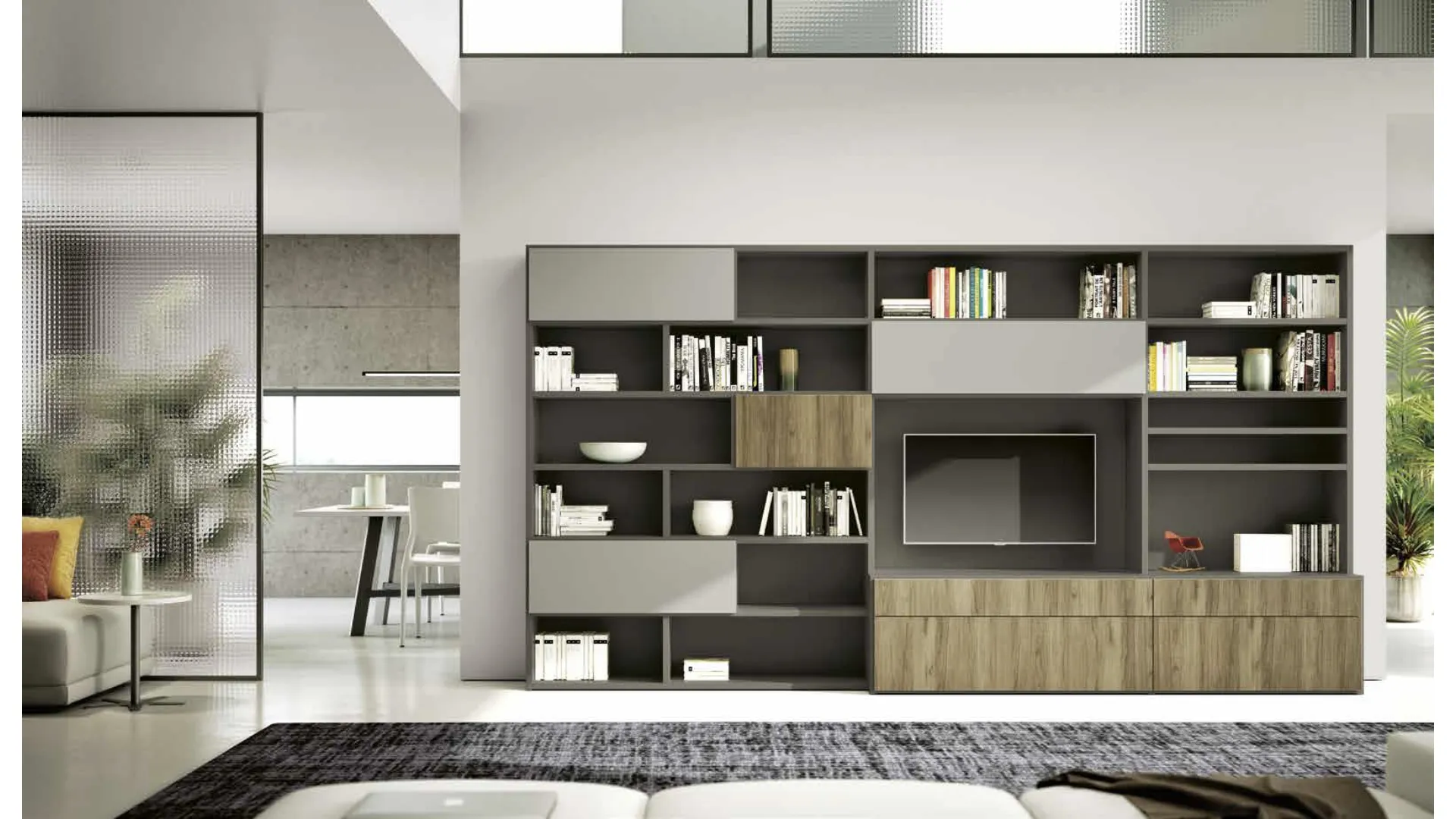 Parete Attrezzata Living 844 in laccato opaco e melaminico Rovere nodato di Spagnol Mobili